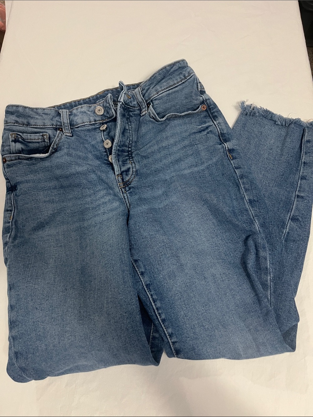 Old Navy High-Rise Button-Fly Medium Blue Jeans with Frayed Hem